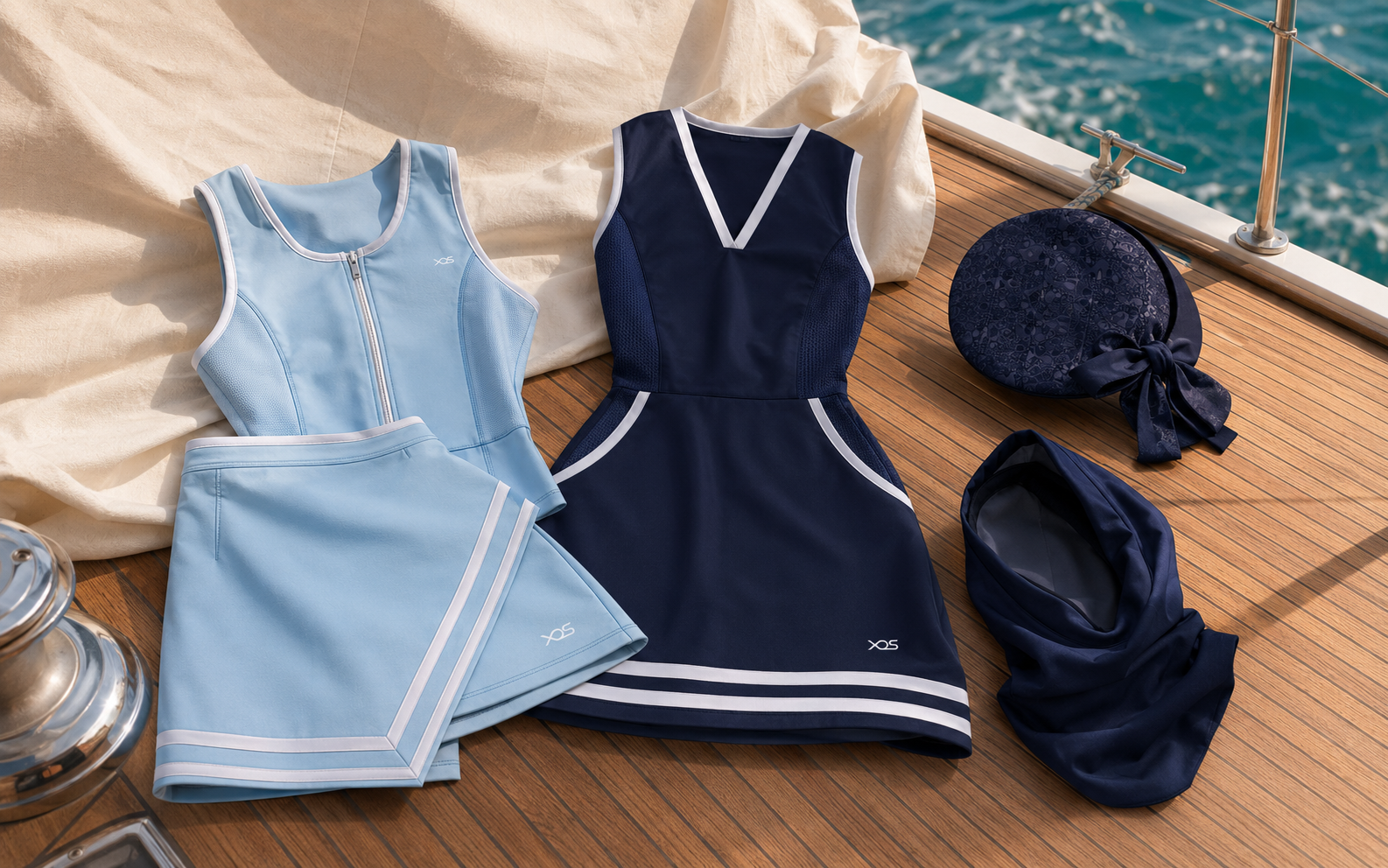 XOS° flatlay — Powder Dress, Marine Dress, Scarf